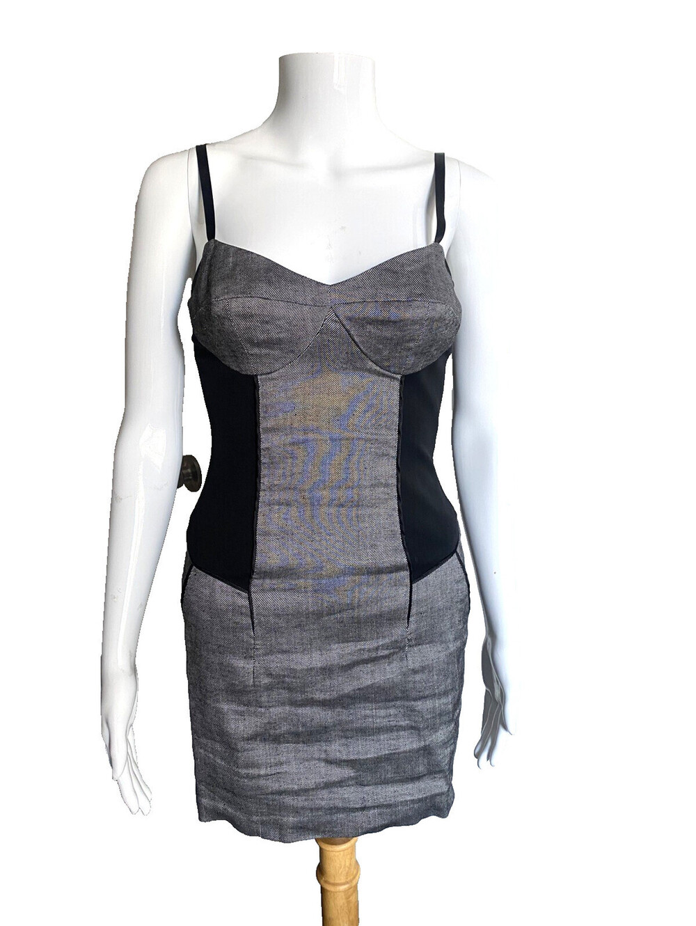 BEBE US-2 Rayon Tweed Corset Bustier Pencil Mini Dress Bodycon Gray Black Y2K